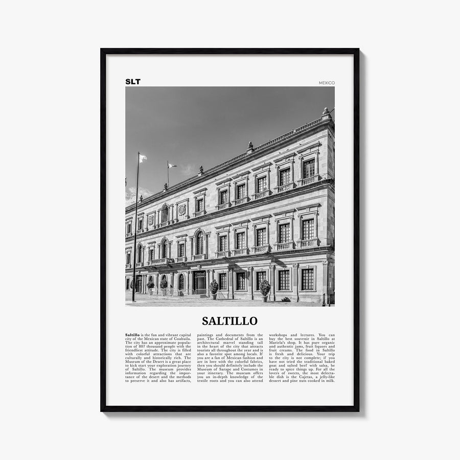 Saltillo black & white newspaper poster of Mexico – vertical wall art, unframed print shown in interior mockup