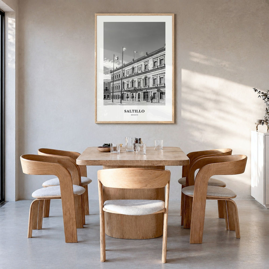 Saltillo Classic Poster in a natural wood frame, hanging in a dining room