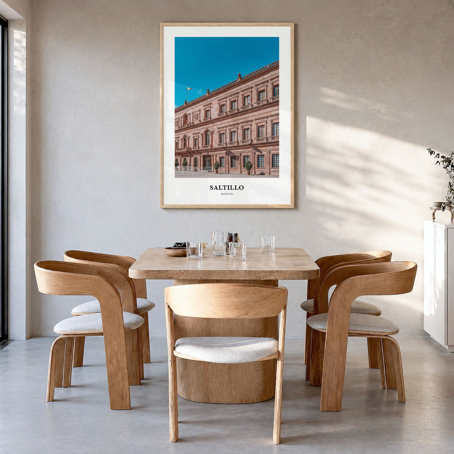 Saltillo Classic Poster in a natural wood frame, hanging in a dining room