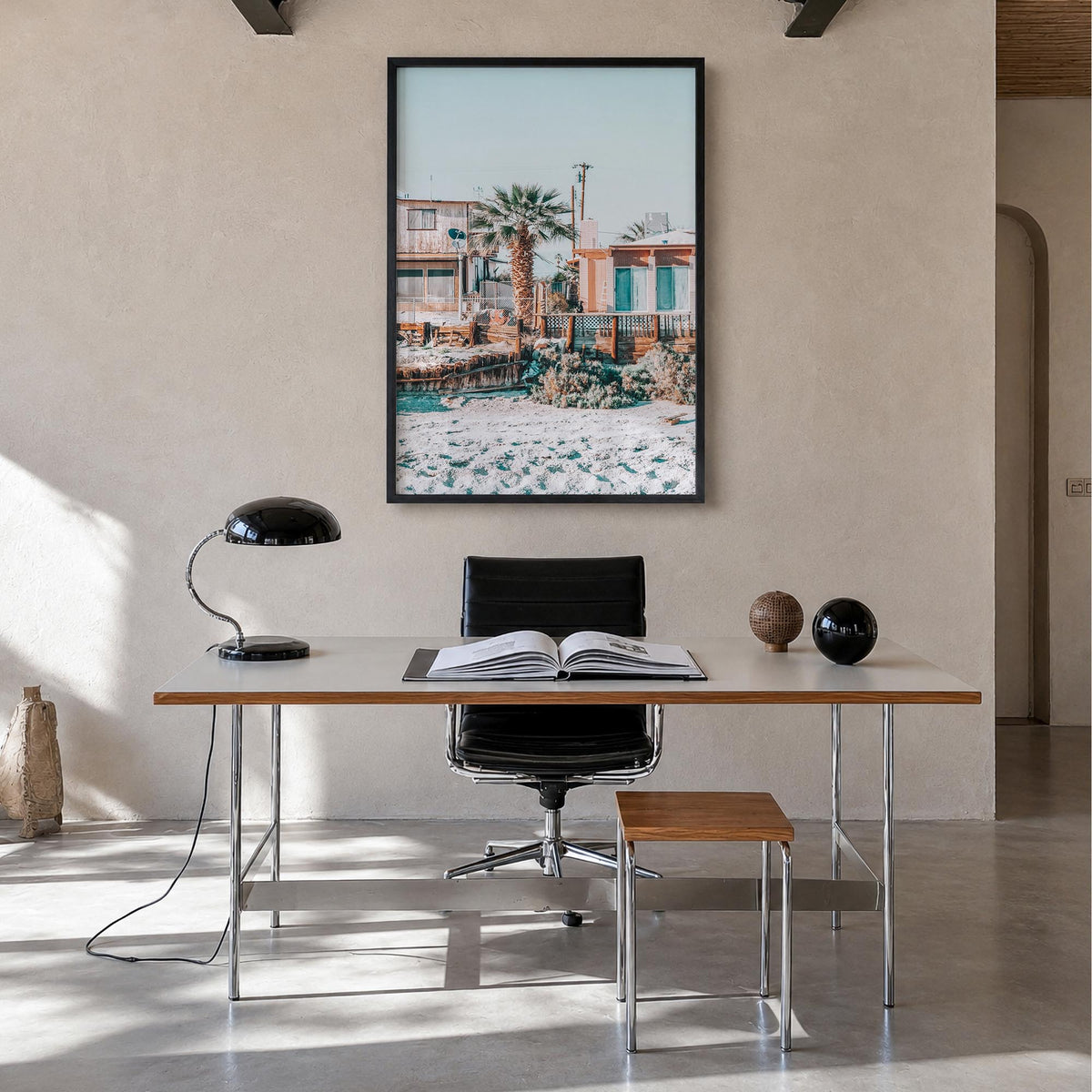 Salton Sea Beach colorful photo poster of California, USA – vertical wall art in black wood frame, hanging on wall