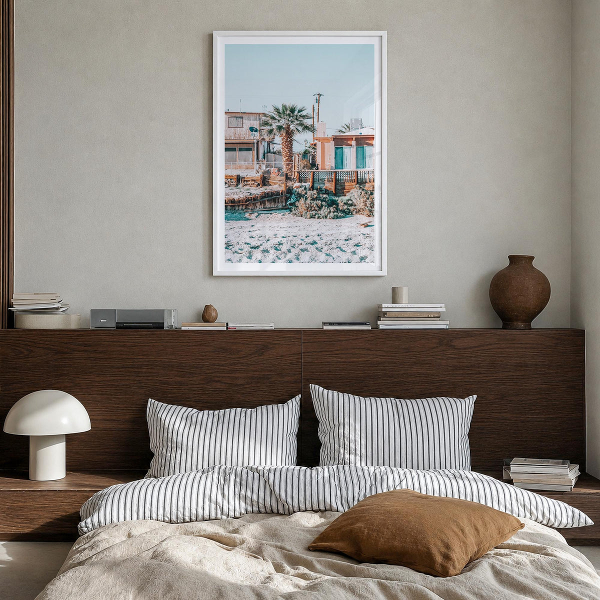 Salton Sea Beach colorful photo poster of California, USA – vertical wall art in white wood frame with white border, hanging 
