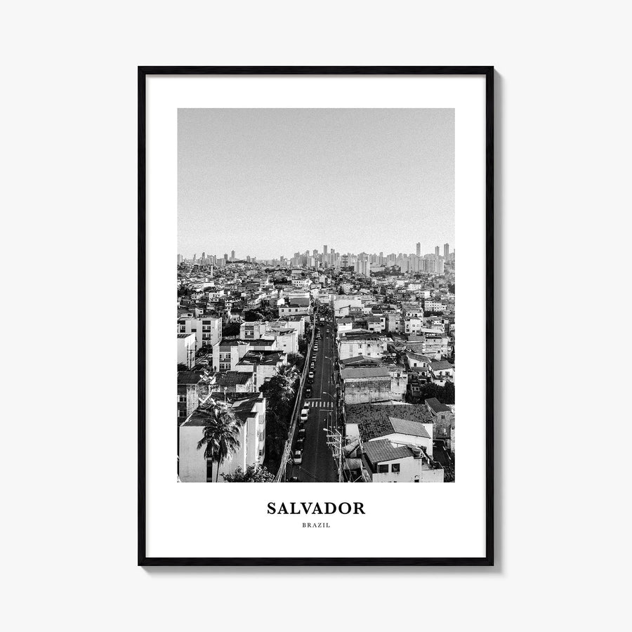 Salvador black & white classic poster of Brazil – vertical wall art, unframed print shown in interior mockup