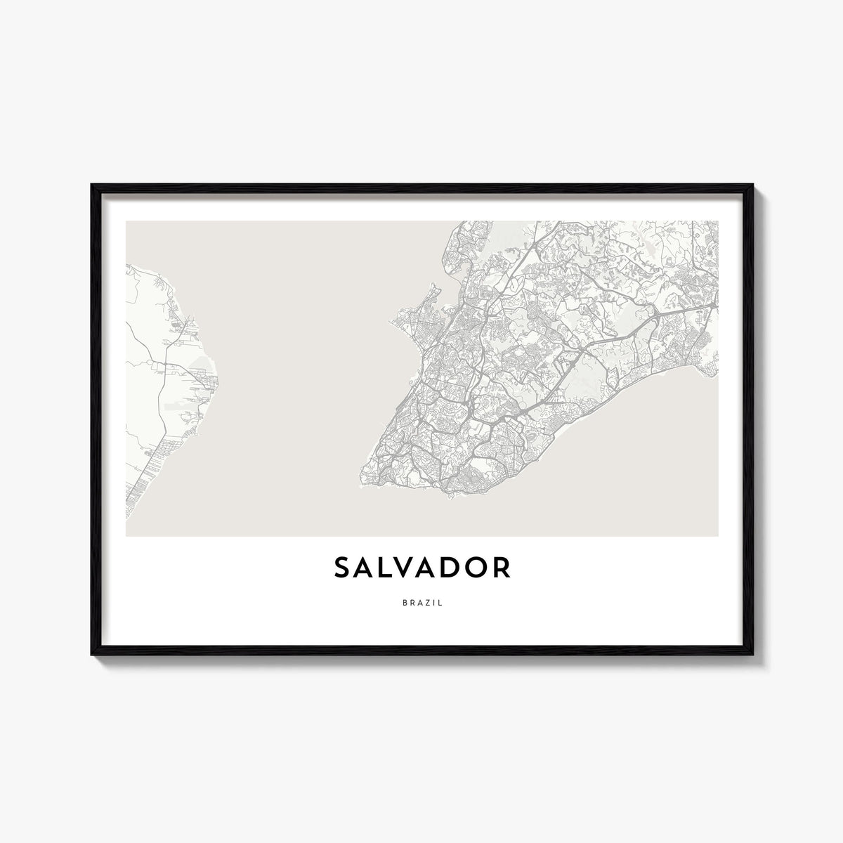 Salvador black & white map poster of Brazil – horizontal wall art, unframed print shown in interior mockup