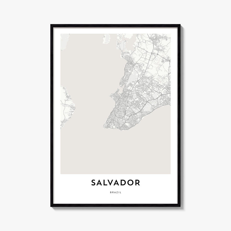 Salvador black & white map poster of Brazil – vertical wall art, unframed print shown in interior mockup