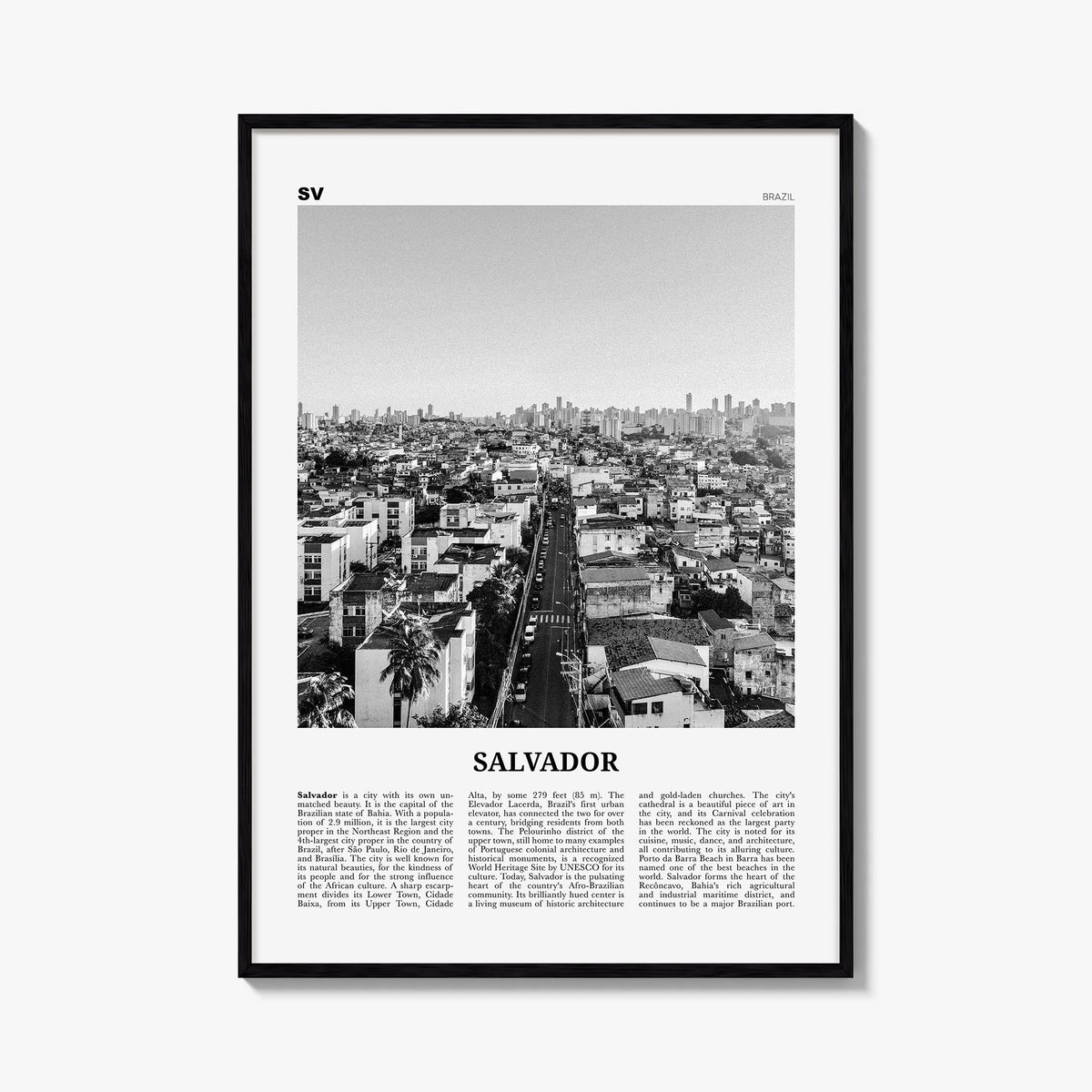 Salvador black & white newspaper poster of Brazil – vertical wall art, unframed print shown in interior mockup