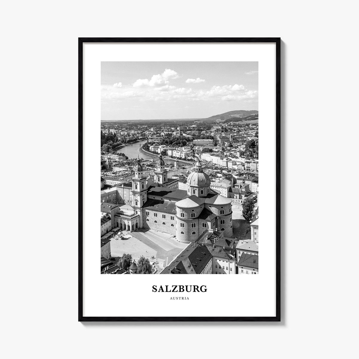 Salzburg black & white classic poster of Austria – vertical wall art, unframed print shown in interior mockup