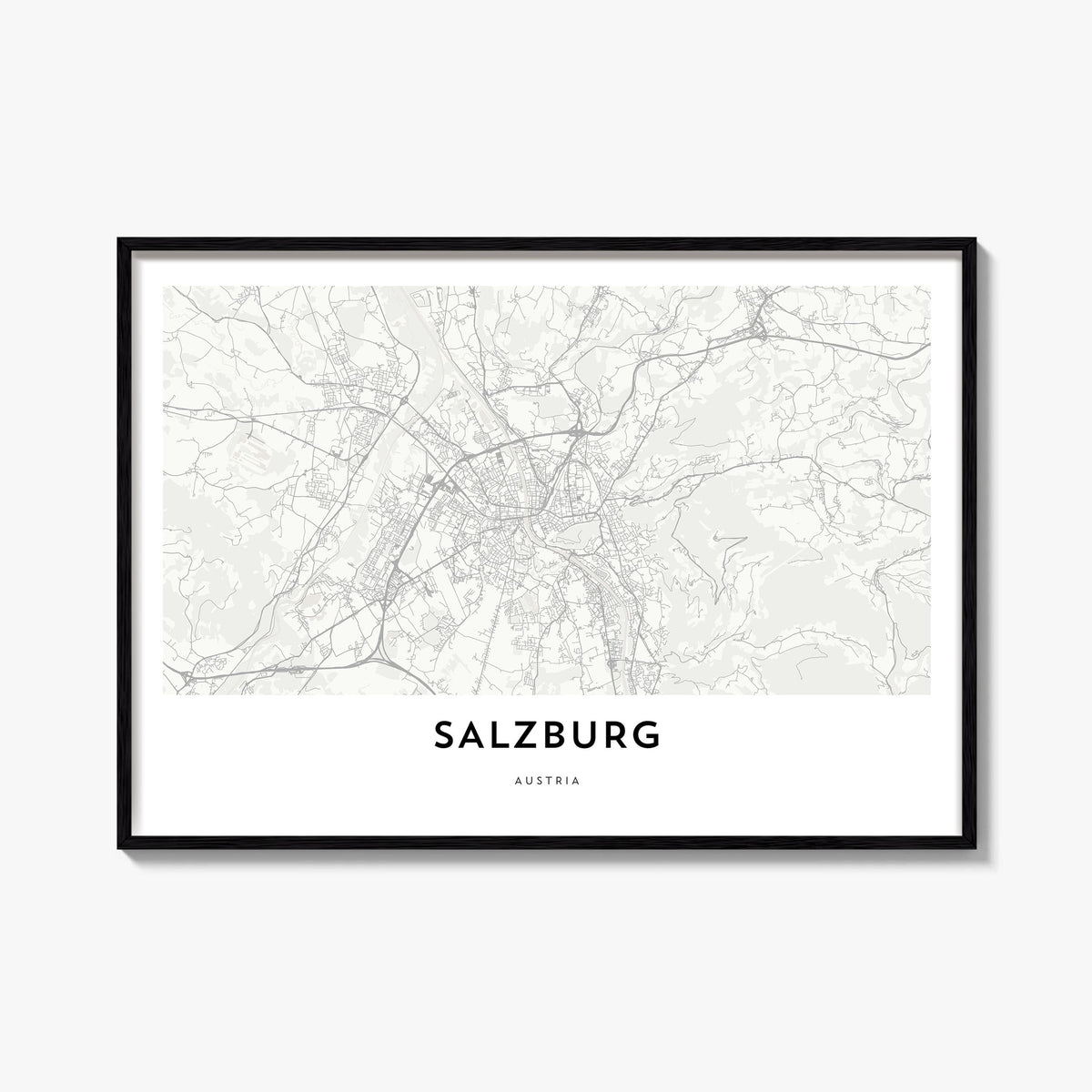 Salzburg black & white map poster of Austria – horizontal wall art, unframed print shown in interior mockup