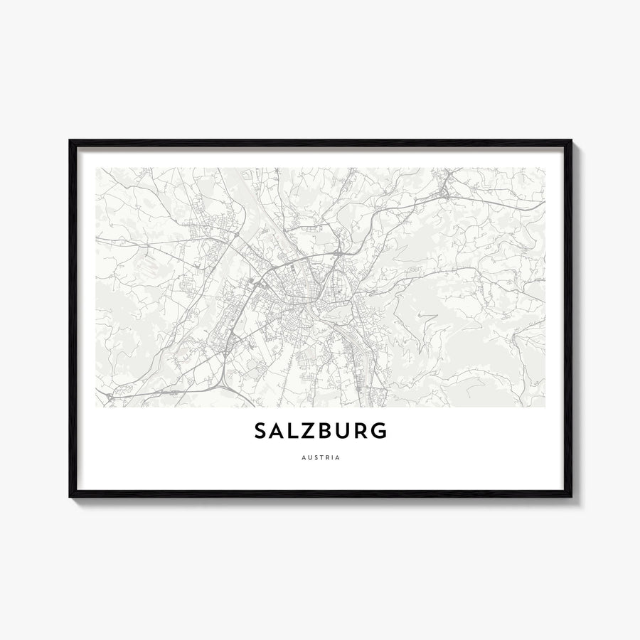 Salzburg black & white map poster of Austria – horizontal wall art, unframed print shown in interior mockup