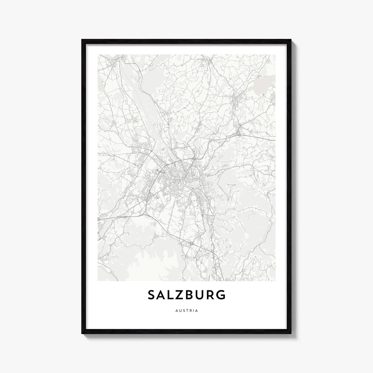 Salzburg black & white map poster of Austria – vertical wall art, unframed print shown in interior mockup