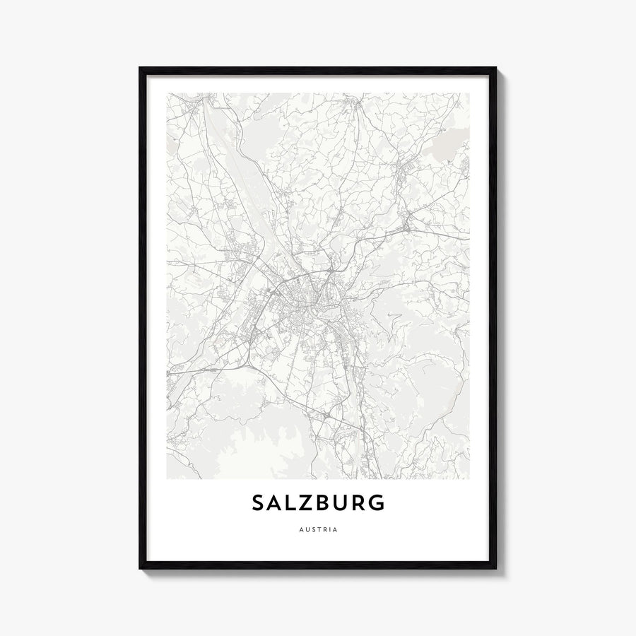 Salzburg black & white map poster of Austria – vertical wall art, unframed print shown in interior mockup