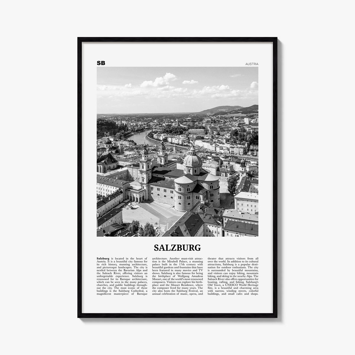 Salzburg black & white newspaper poster of Austria – vertical wall art, unframed print shown in interior mockup