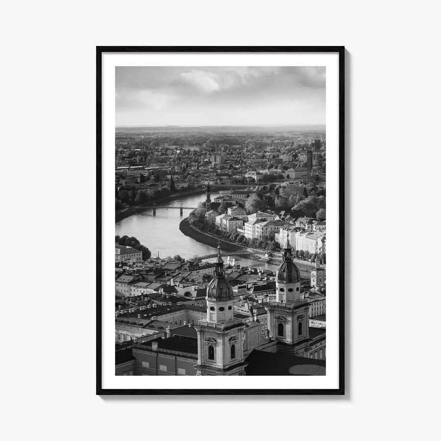 Salzburg black & white photo poster of Austria – vertical wall art, unframed print shown in interior mockup