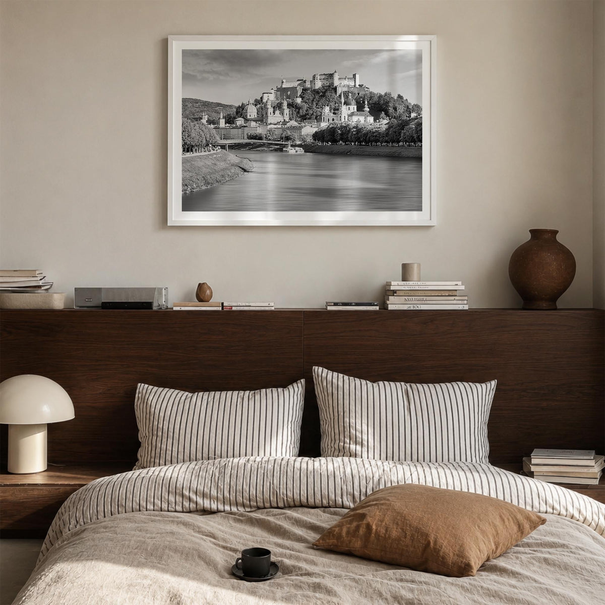 Salzburg black & white photo poster of Austria – horizontal wall art in white wood frame with white border, hanging on wall