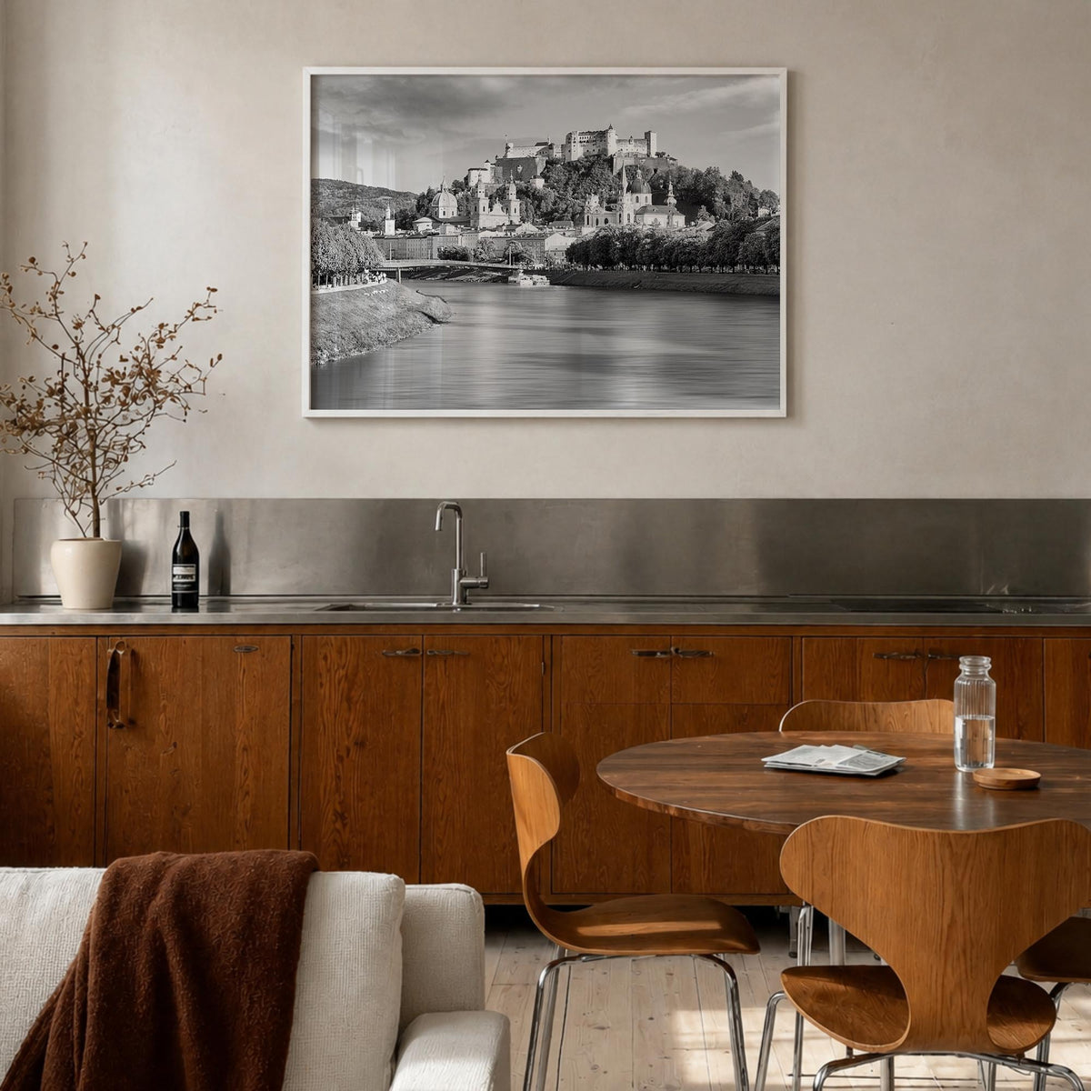 Salzburg black & white photo poster of Austria – horizontal wall art in white wood frame, hanging on wall