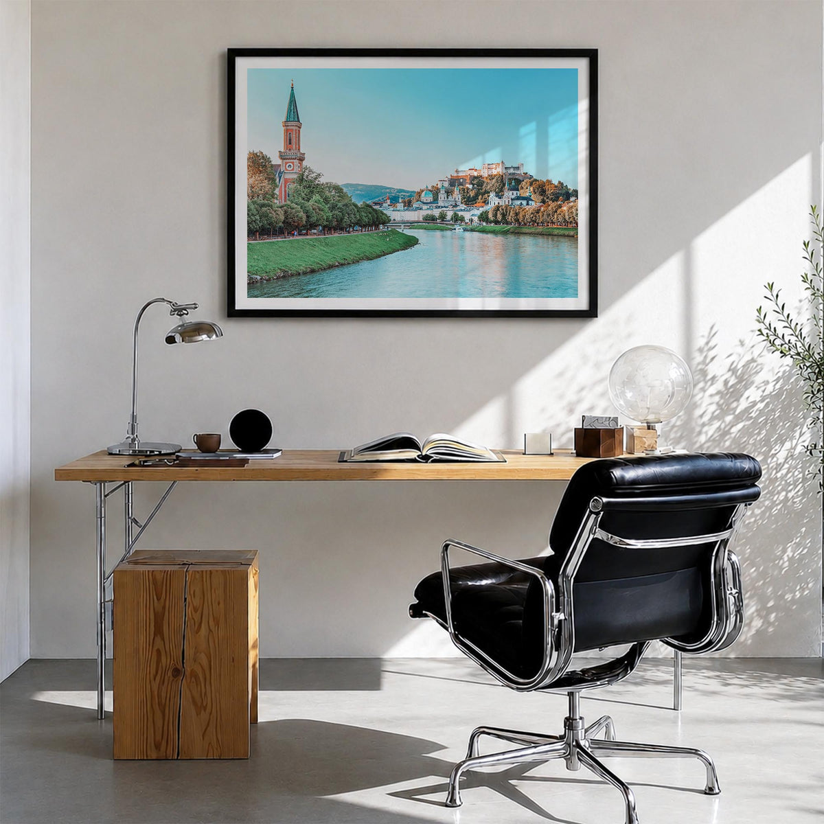 Salzburg colorful photo poster of Austria – horizontal wall art in black wood frame with white border, hanging on wall