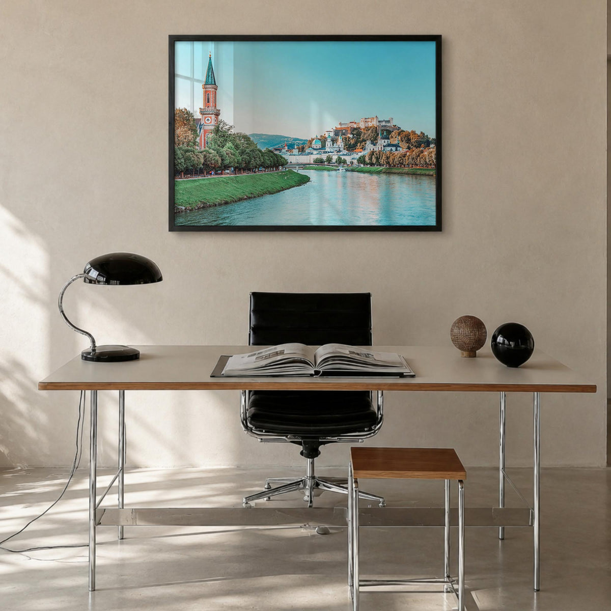 Salzburg colorful photo poster of Austria – horizontal wall art in black wood frame, hanging on wall