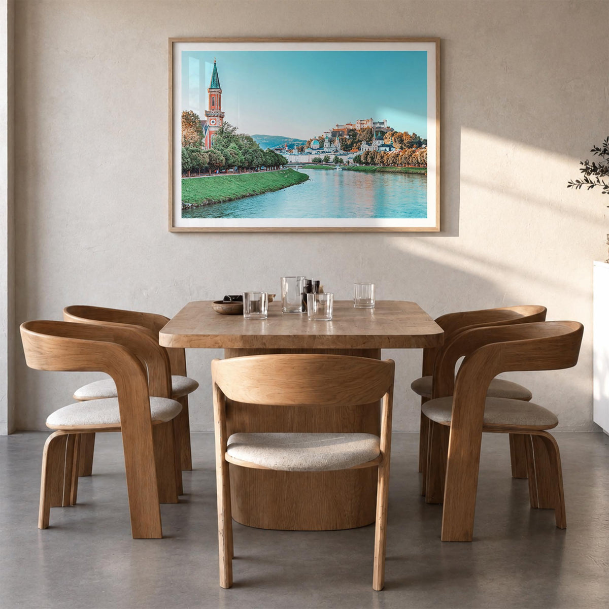 Salzburg colorful photo poster of Austria – horizontal wall art in natural wood frame with white border, hanging on wall