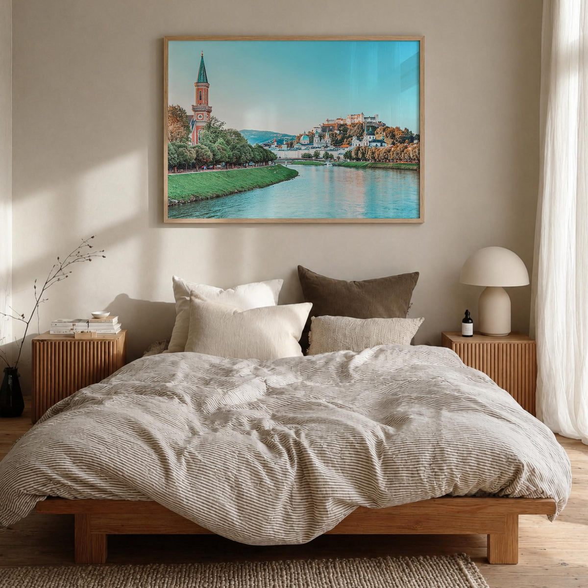 Salzburg colorful photo poster of Austria – horizontal wall art in natural wood frame, hanging on wall