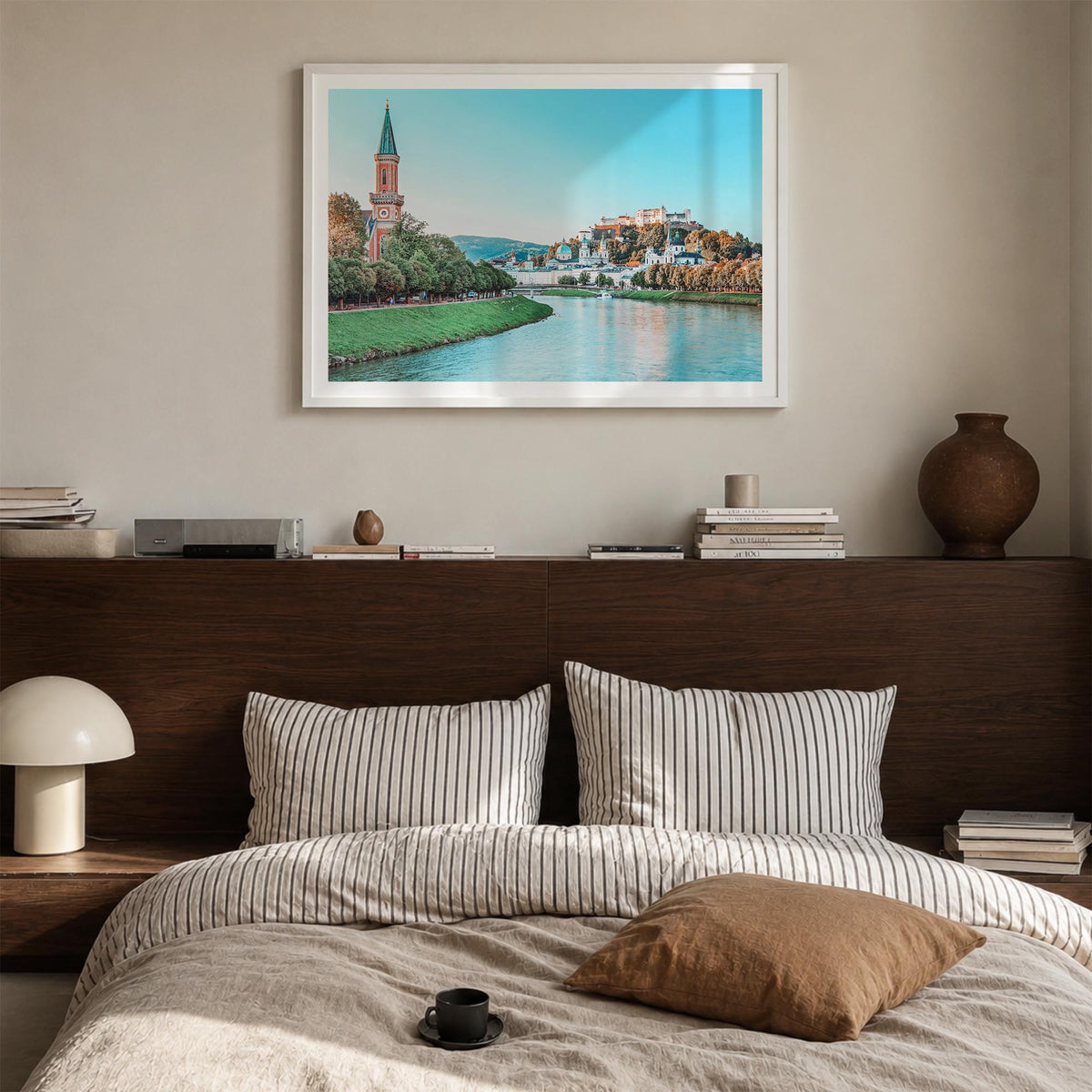 Salzburg colorful photo poster of Austria – horizontal wall art in white wood frame with white border, hanging on wall