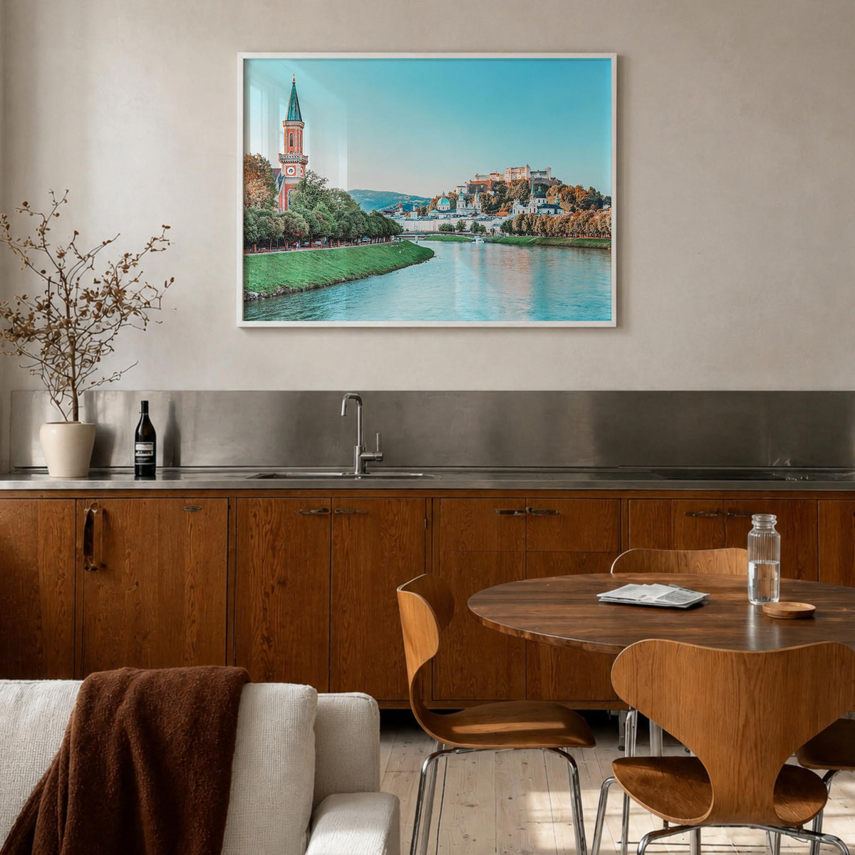 Salzburg colorful photo poster of Austria – horizontal wall art in white wood frame, hanging on wall