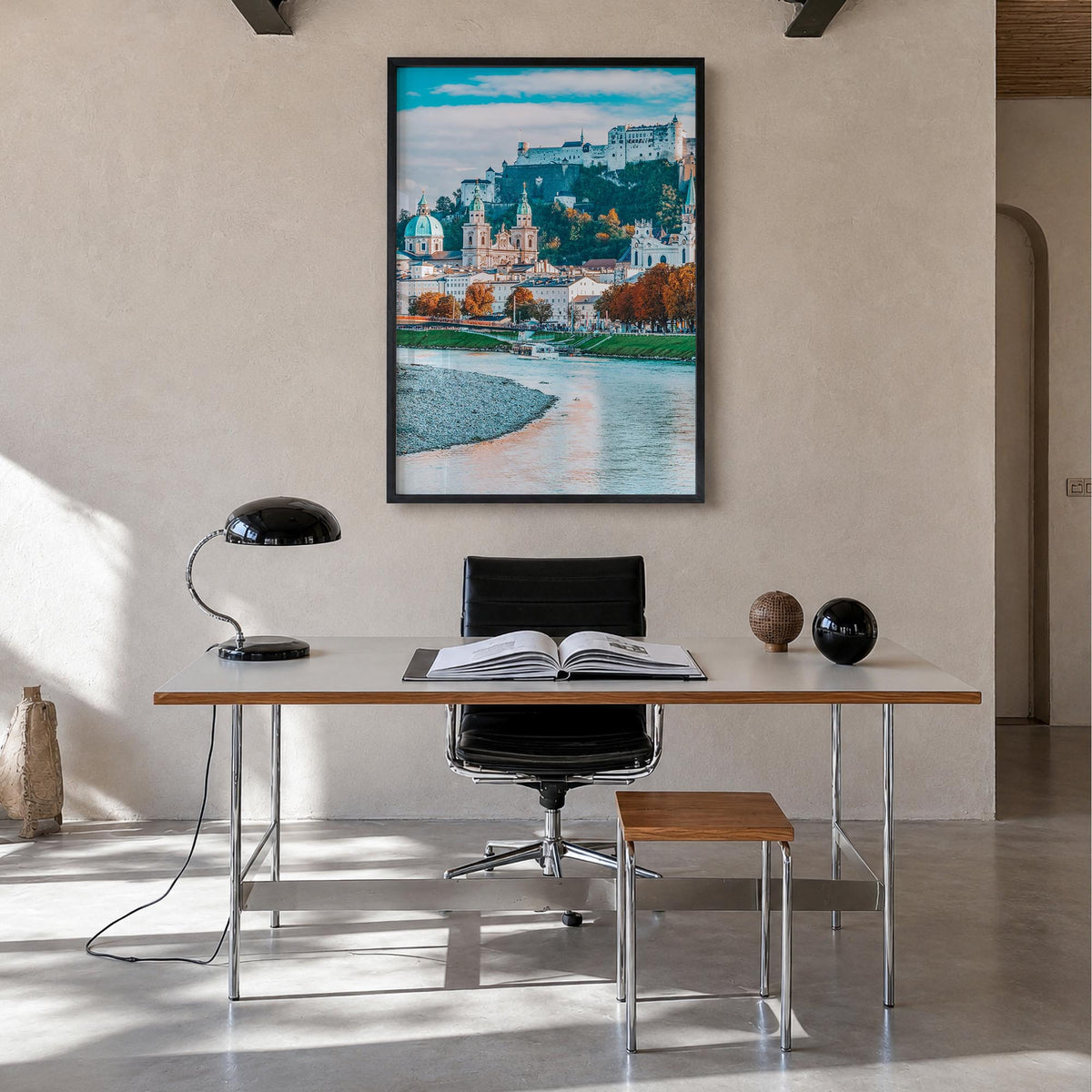 Salzburg no. 1 colorful photo poster of Austria – vertical wall art in black wood frame, hanging on wall