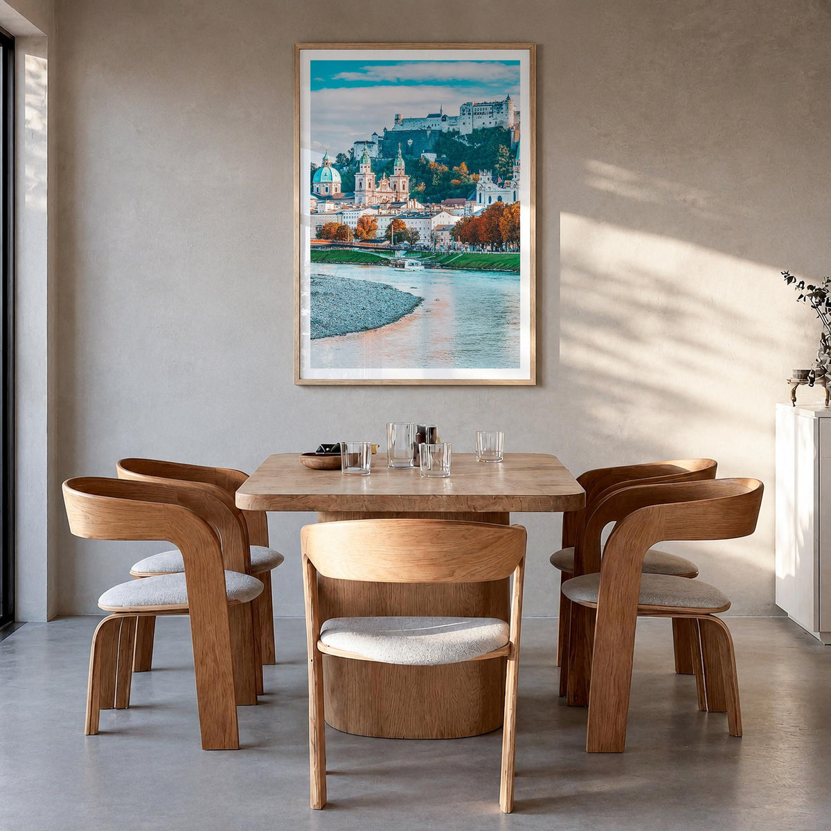 Salzburg no. 1 colorful photo poster of Austria – vertical wall art in natural wood frame with white border, hanging on wall