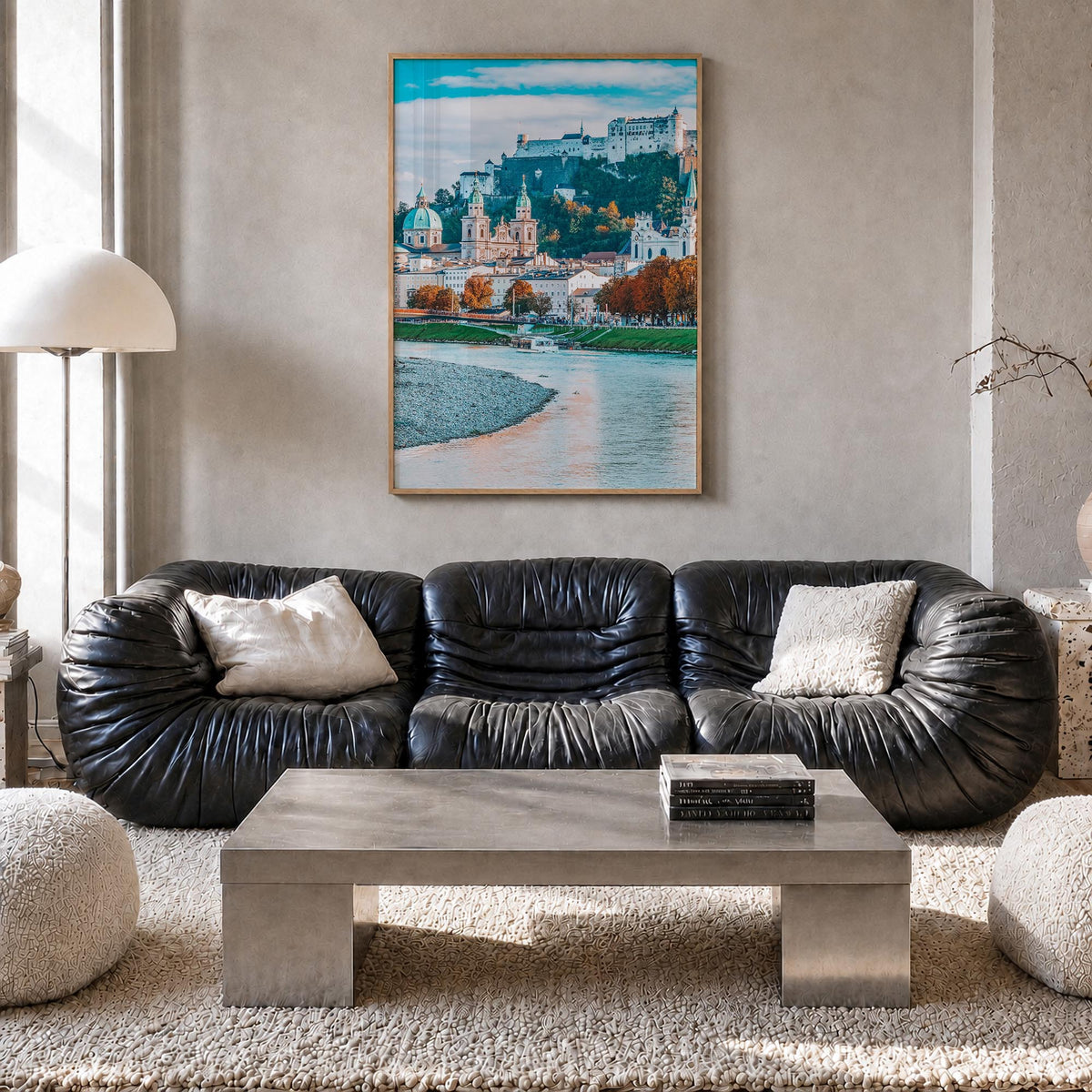 Salzburg no. 1 colorful photo poster of Austria – vertical wall art in natural wood frame, hanging on wall