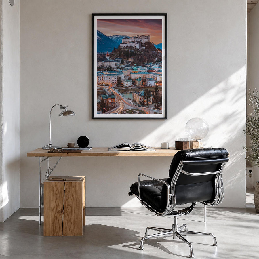 Salzburg no. 2 colorful photo poster of Austria – vertical wall art in black wood frame with white border, hanging on wall