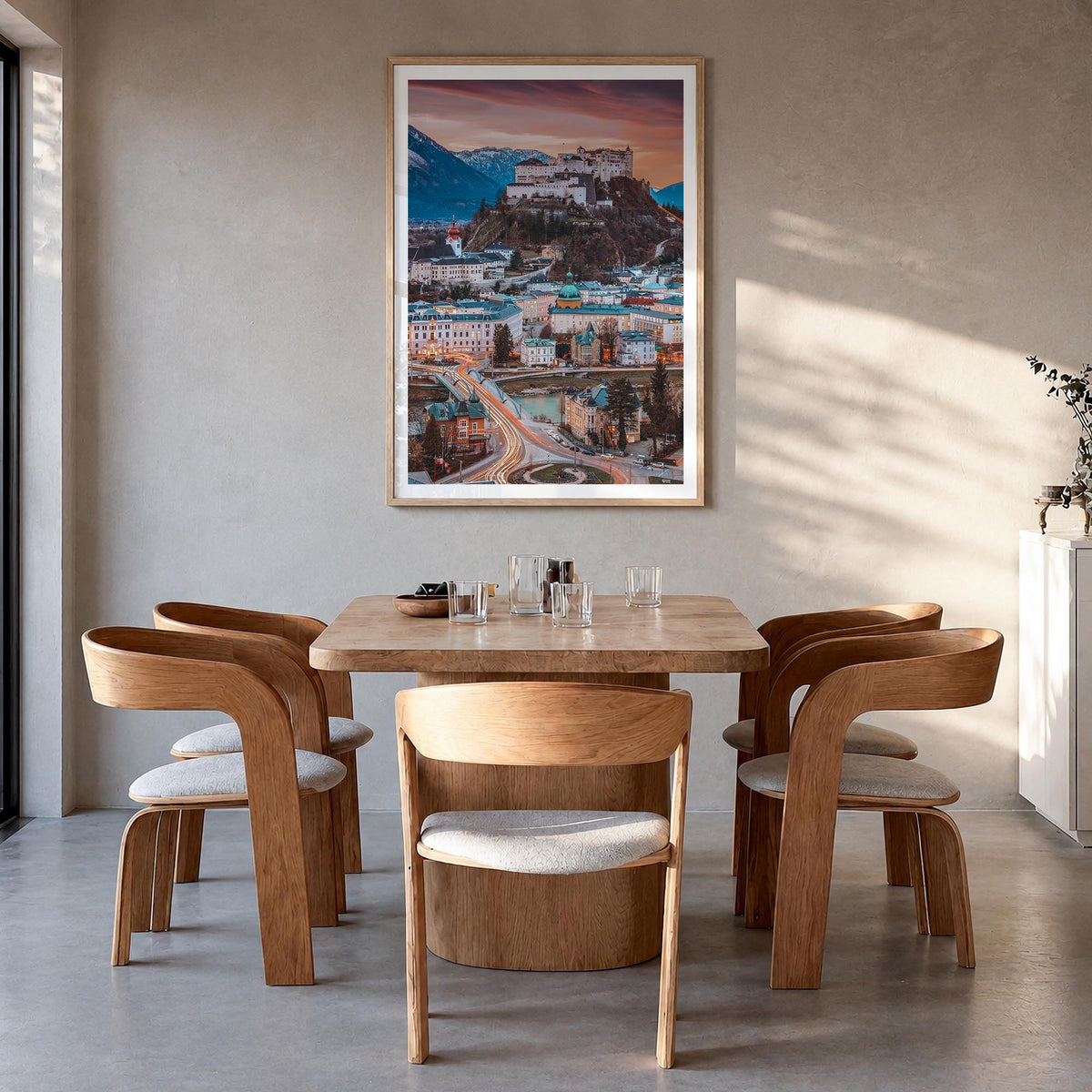 Salzburg no. 2 colorful photo poster of Austria – vertical wall art in natural wood frame with white border, hanging on wall