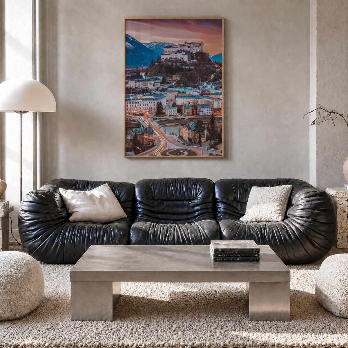 Salzburg no. 2 colorful photo poster of Austria – vertical wall art in natural wood frame, hanging on wall