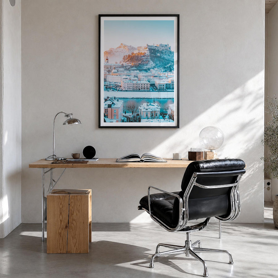 Salzburg no. 3 colorful photo poster of Austria – vertical wall art in black wood frame with white border, hanging on wall
