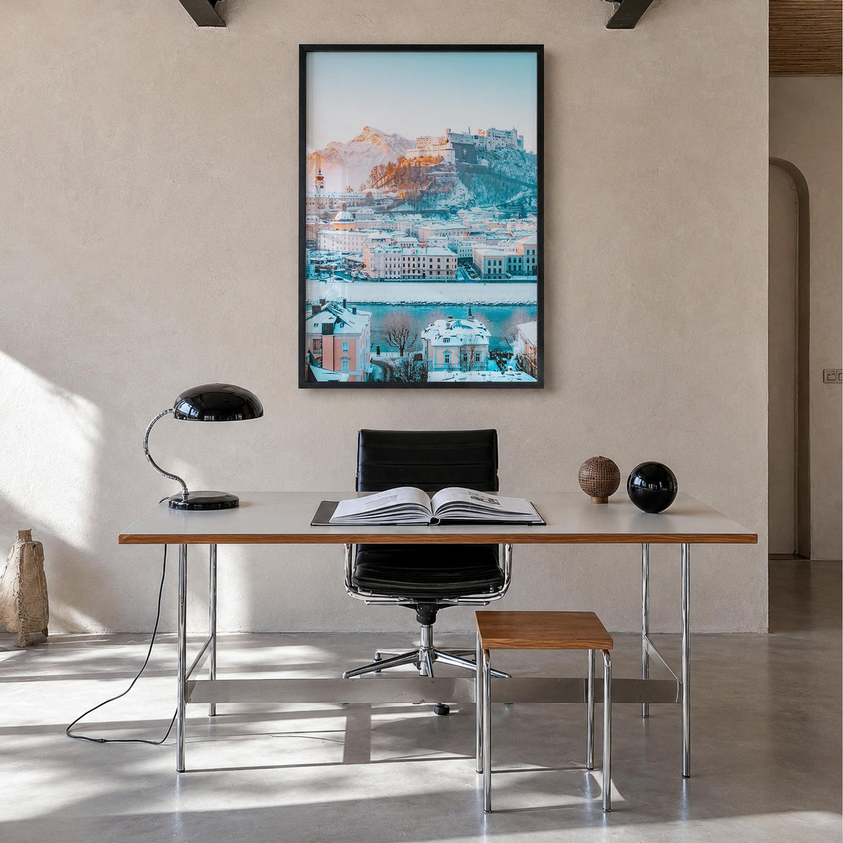 Salzburg no. 3 colorful photo poster of Austria – vertical wall art in black wood frame, hanging on wall