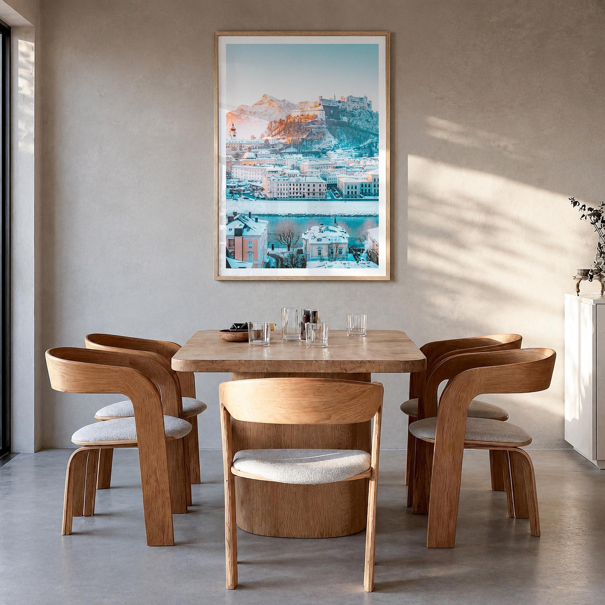 Salzburg no. 3 colorful photo poster of Austria – vertical wall art in natural wood frame with white border, hanging on wall