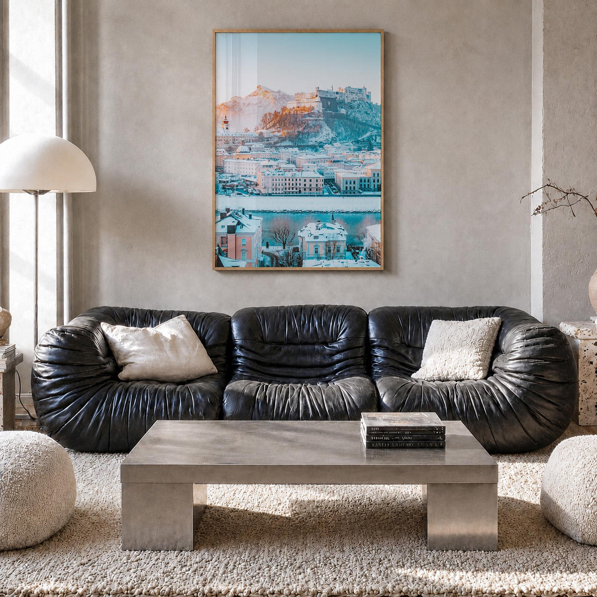 Salzburg no. 3 colorful photo poster of Austria – vertical wall art in natural wood frame, hanging on wall