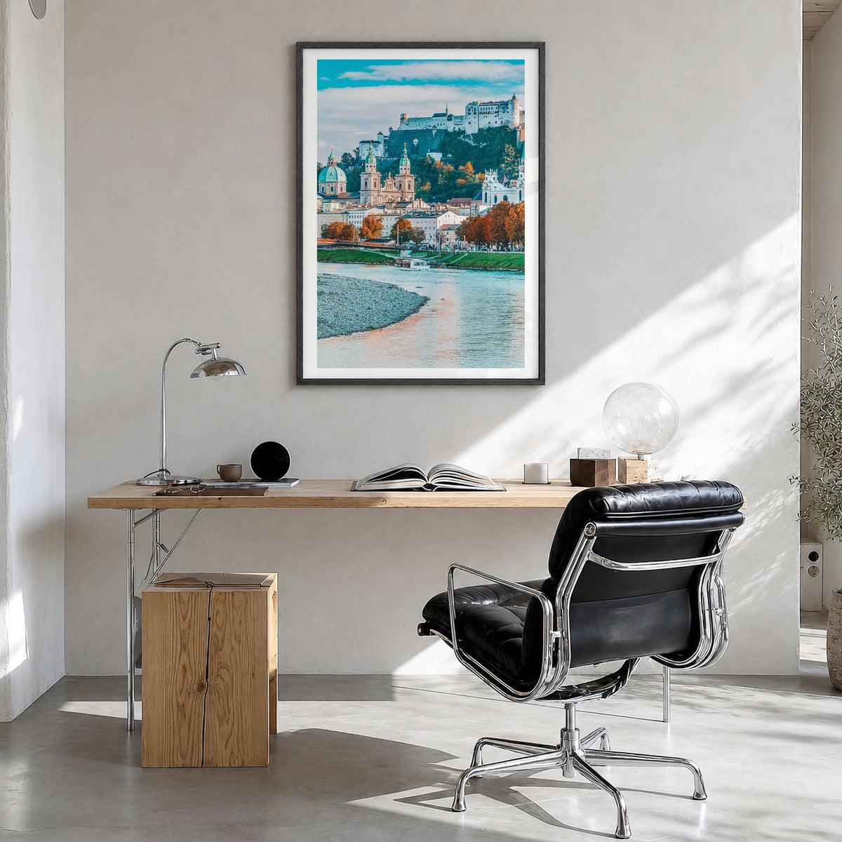 Salzburg Photo No 1 Poster in a black wood frame, hanging in a bright home office, white border