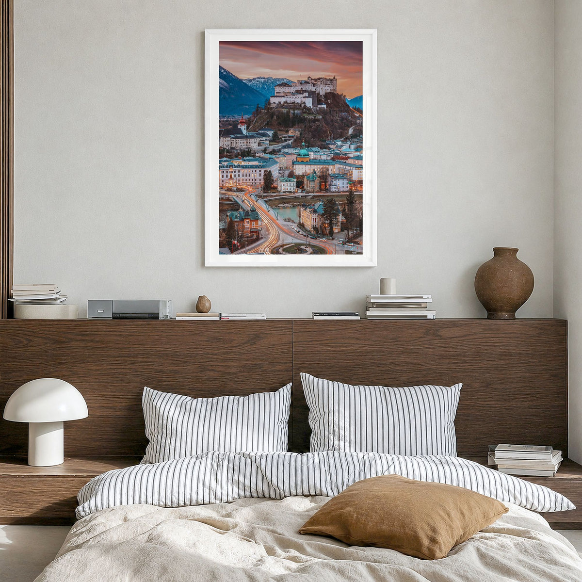 Salzburg Photo No 2 Poster in a white wood frame, hanging in a bedroom, white border