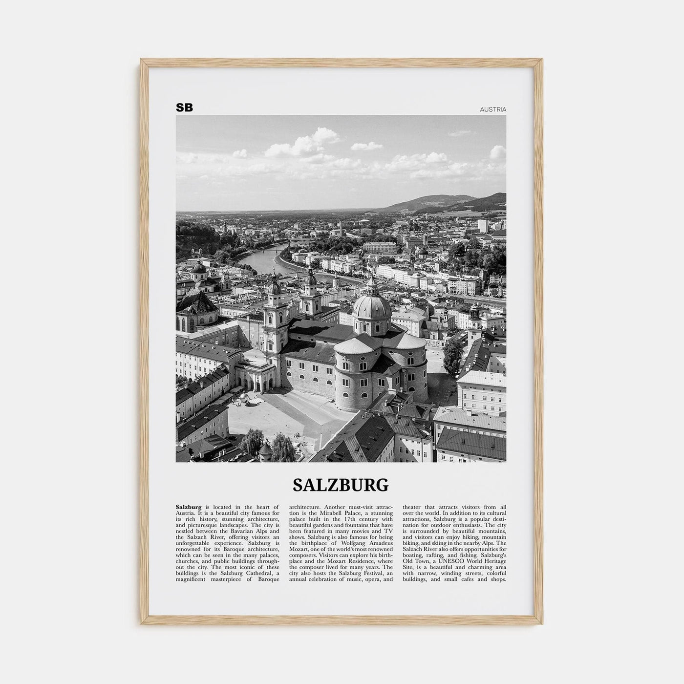 Salzburg Poster Natural Wood / 8x12 in Nbourhood Travel B&W Poster