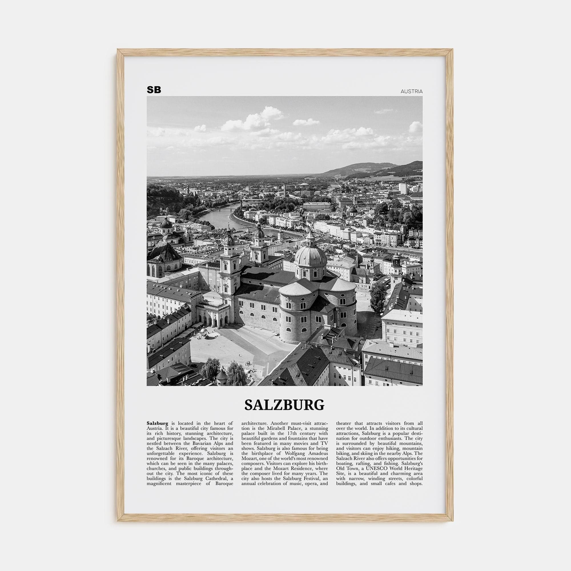 Salzburg Poster Natural Wood / 8x12 in Nbourhood Travel B&W Poster