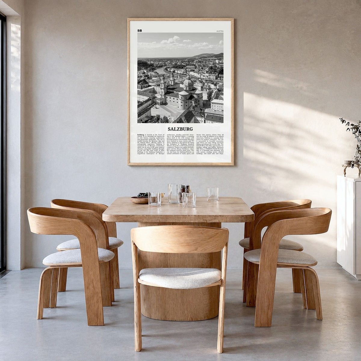 Salzburg Newspaper Poster in a natural wood frame, hanging in a dining room