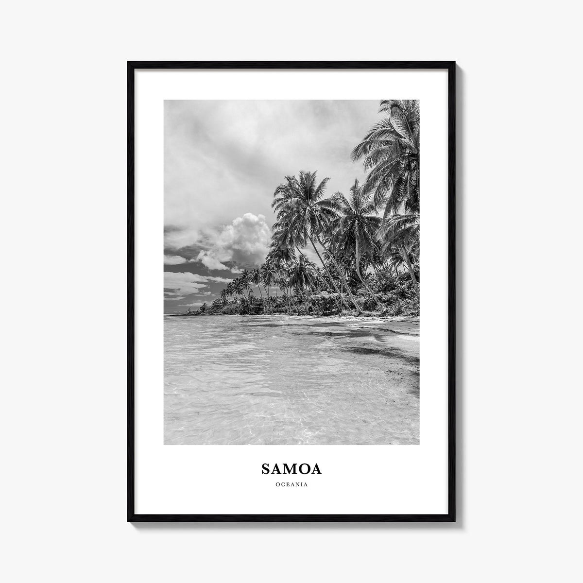 Samoa black & white classic poster of Oceania – vertical wall art, unframed print shown in interior mockup