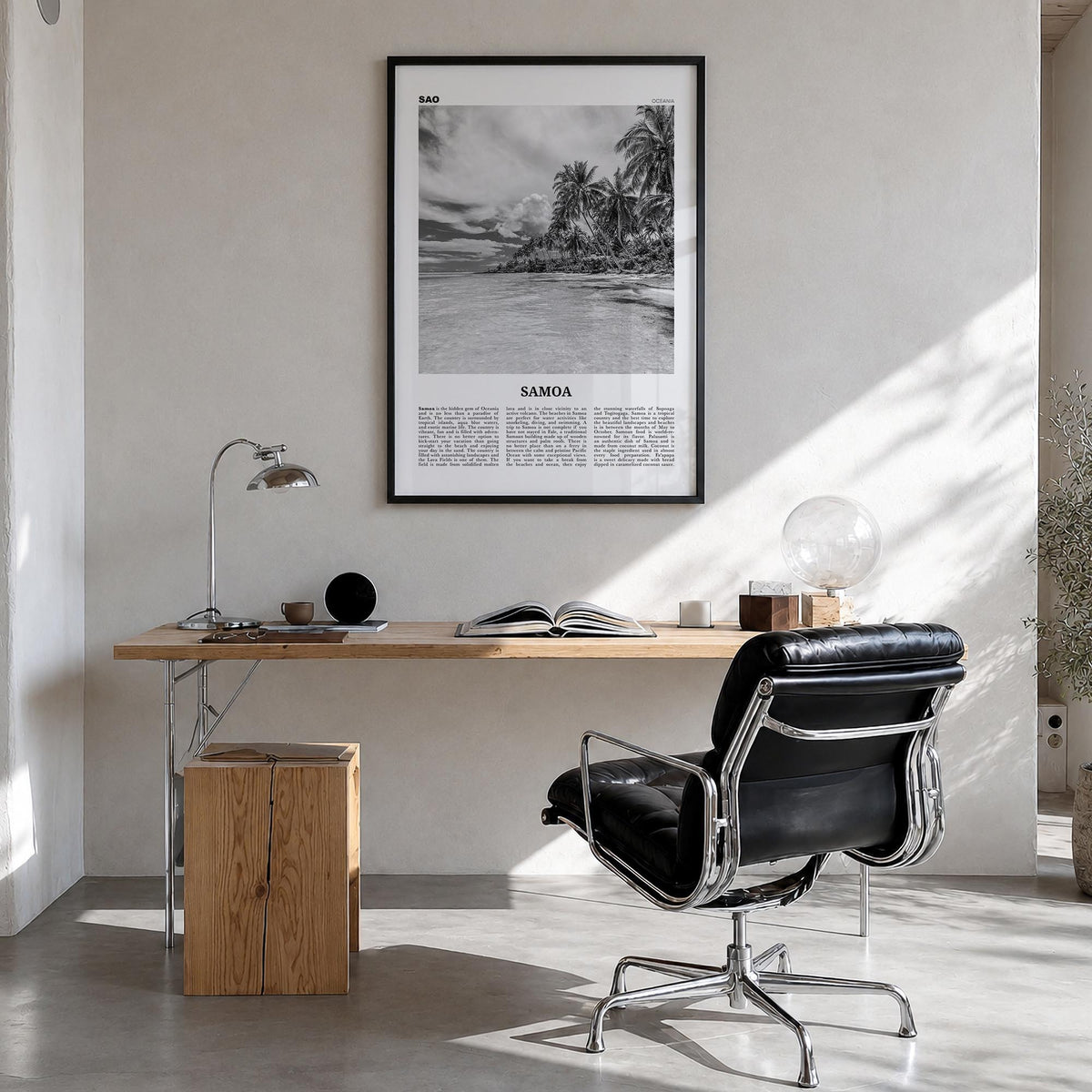 Samoa black & white newspaper poster of Oceania – vertical wall art in black wood frame, hanging on wall