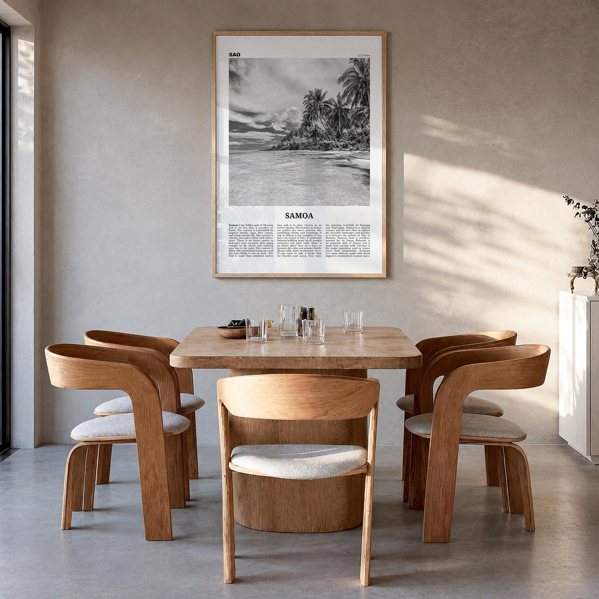 Samoa black & white newspaper poster of Oceania – vertical wall art in natural wood frame, hanging on wall