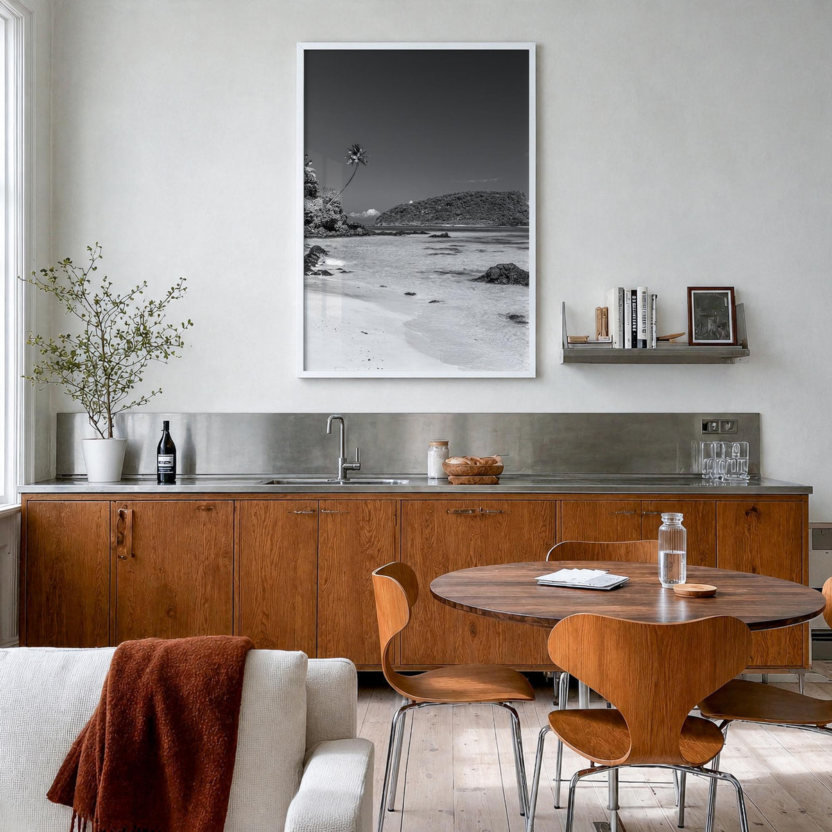 Samoa black & white photo poster of Oceania – vertical wall art in white wood frame, hanging on wall
