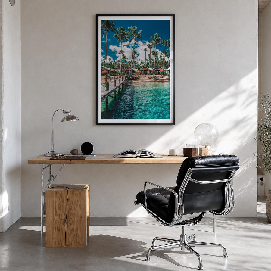Samoa colorful photo poster of Oceania – vertical wall art in black wood frame with white border, hanging on wall