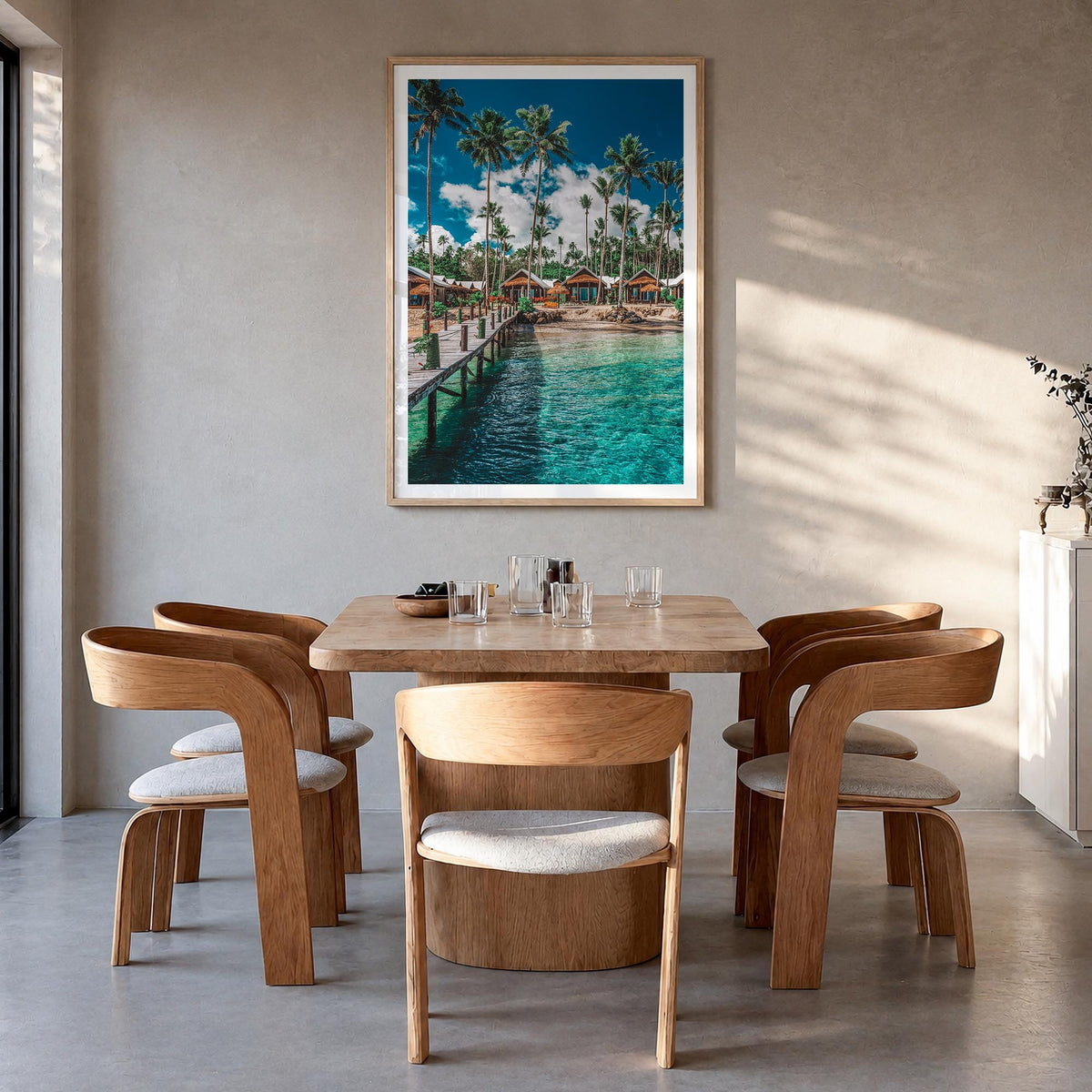 Samoa colorful photo poster of Oceania – vertical wall art in natural wood frame with white border, hanging on wall