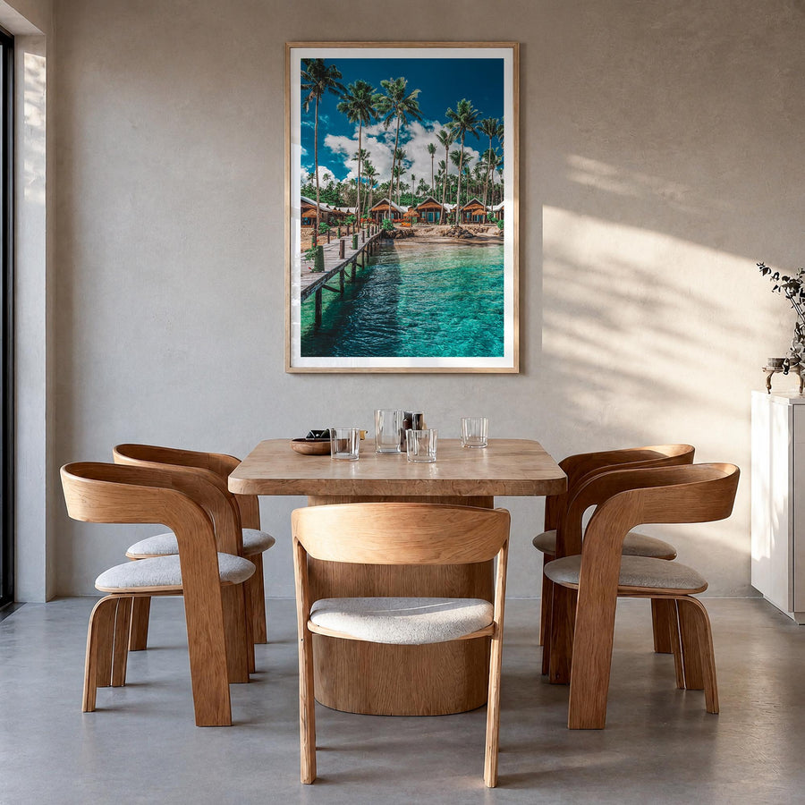 Samoa colorful photo poster of Oceania – vertical wall art in natural wood frame with white border, hanging on wall