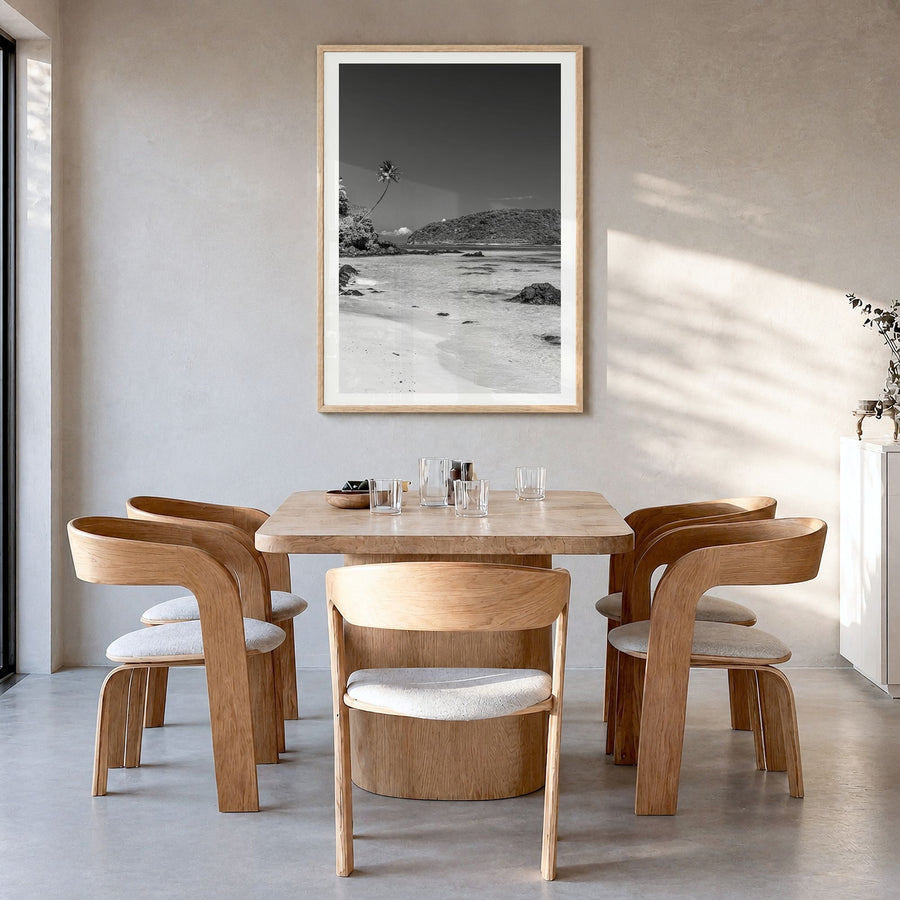 Samoa Photo Poster in a natural wood frame, hanging in a dining room, white border