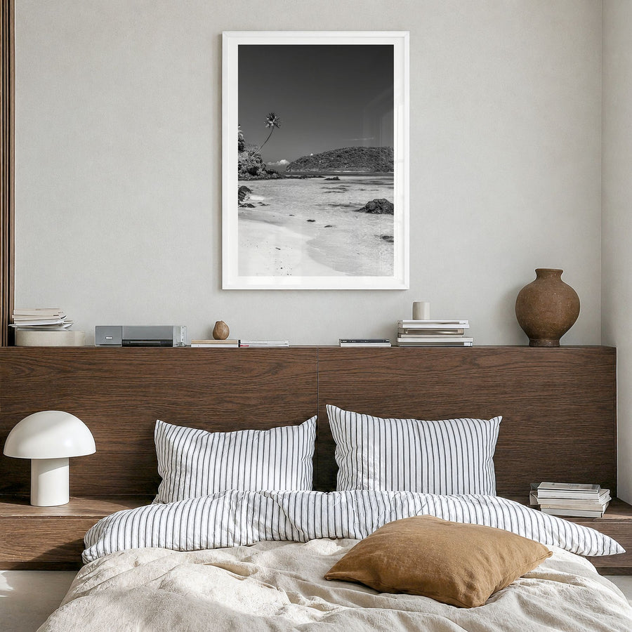 Samoa Photo Poster in a white wood frame, hanging in a bedroom, white border