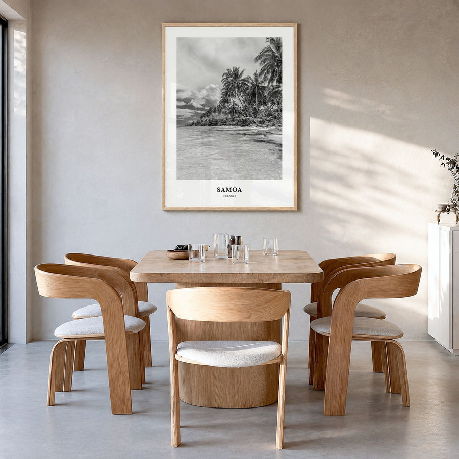 Samoa Classic Poster in a natural wood frame, hanging in a dining room