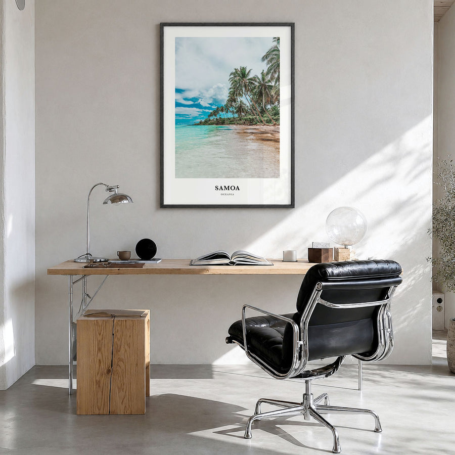 Samoa Classic Poster in a black wood frame, hanging in a bright home office